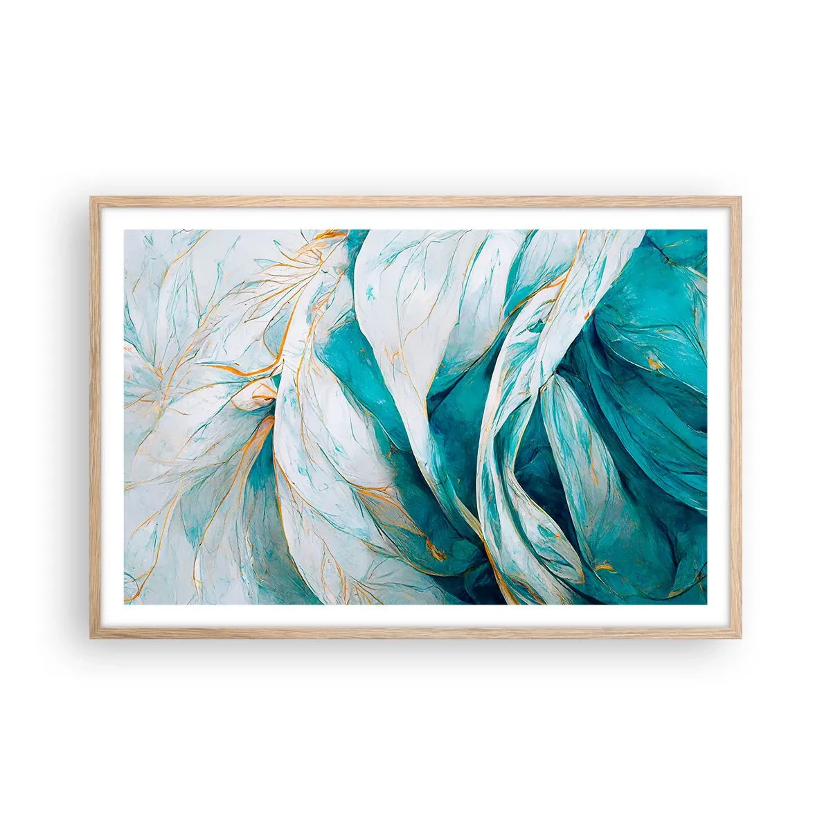 Poster in light oak frame - Blue Abstract with a Golden Motif - 91x61 cm