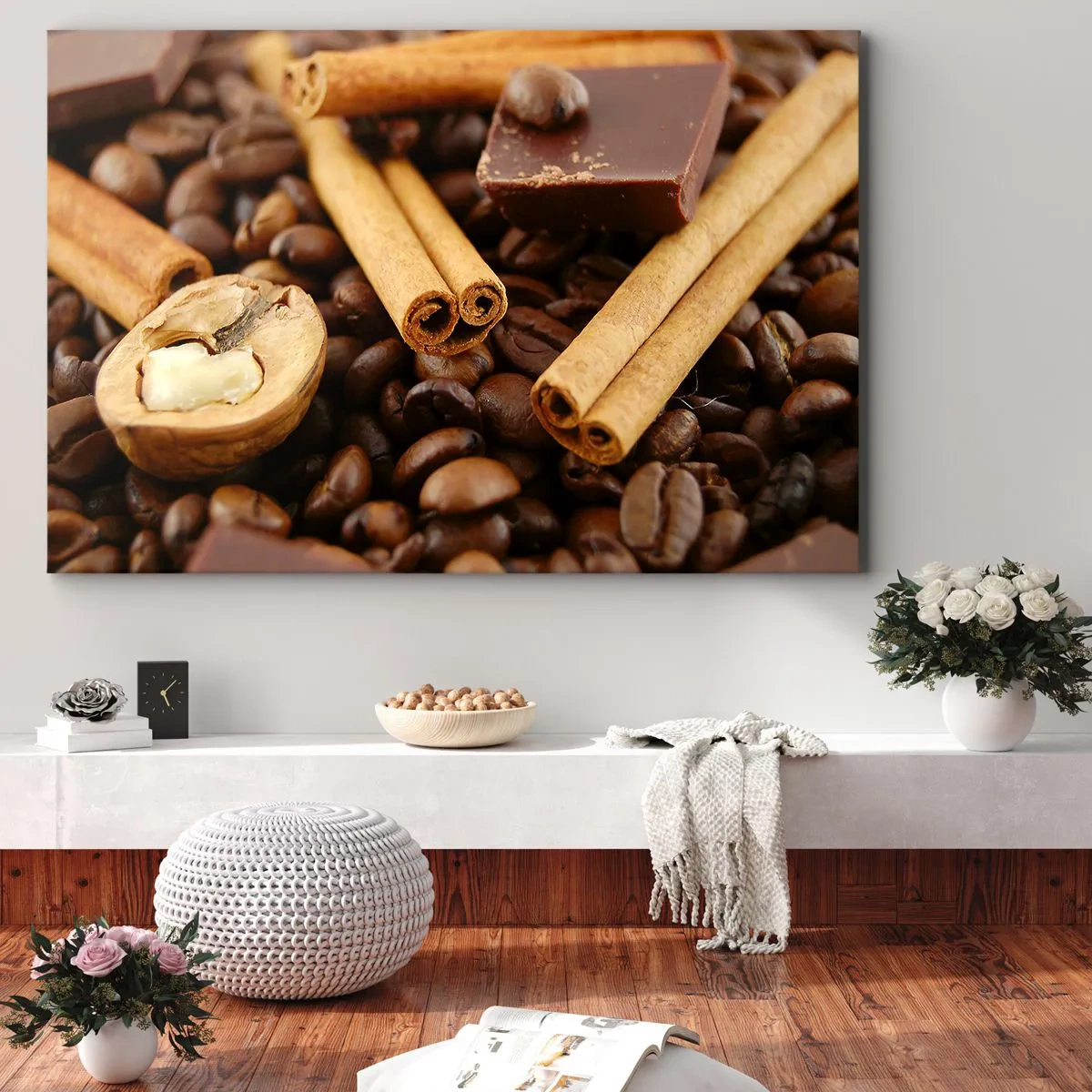 Canvas picture - Coffee beans with cinnamon sticks, chocolate and walnut. - 70x50cm - Concert of Aromas - Modern wall decoration for the living room and bedroom ARTTOR