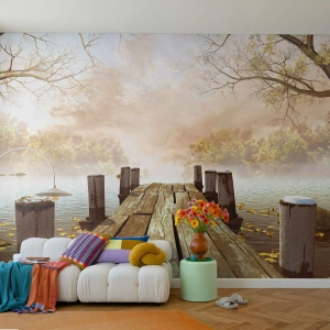 Photo Wallpaper Premium Sand - Gentle Sadness of Autumn - Landscape, Lake, Wooden Bridge - 350x256 cm