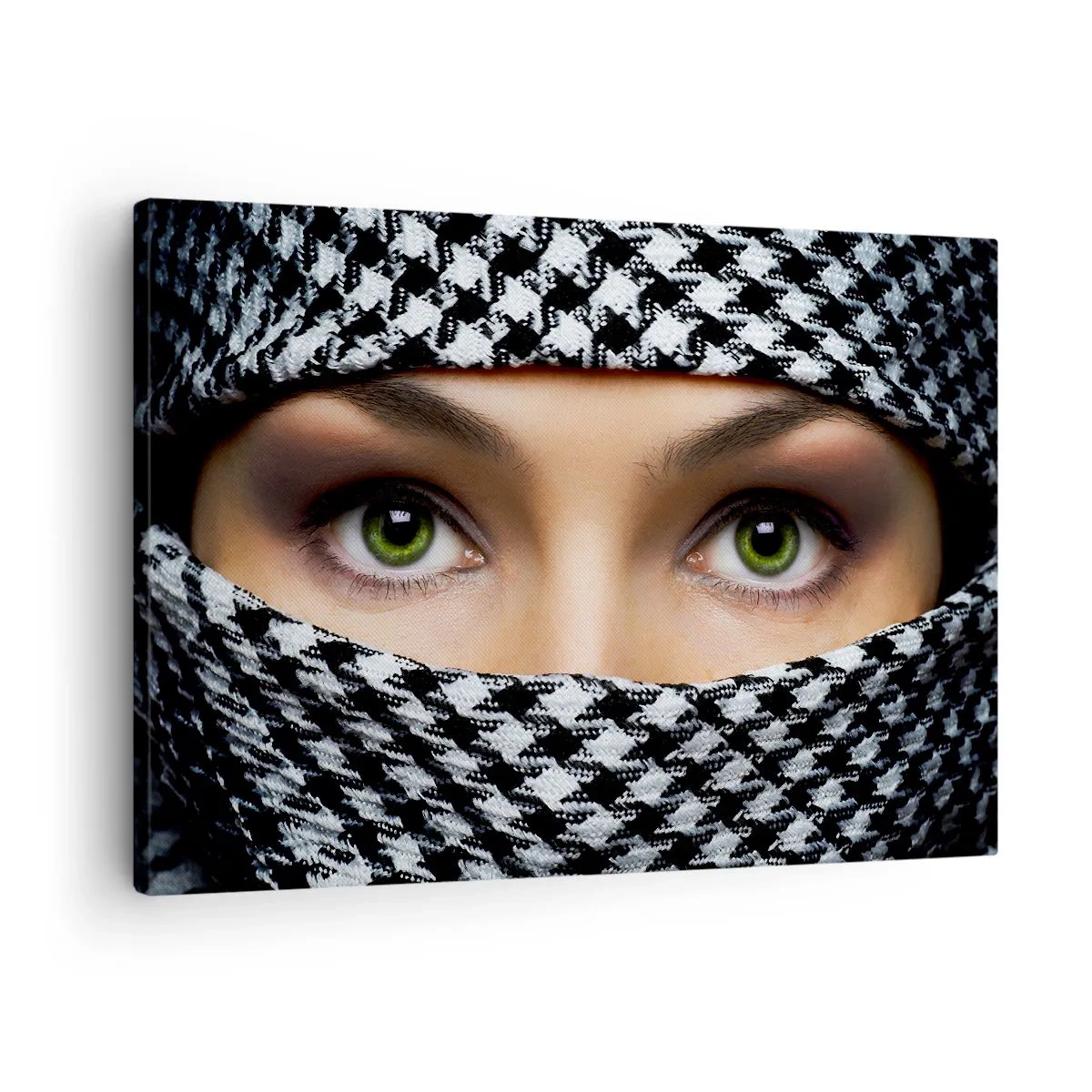 Canvas picture - A woman's green eyes are hidden behind a patterned fabric in black and white. - 70x50cm - Portrait of Head-scarfed Beauty - Modern wall decoration for the living room and bedroom ARTTOR