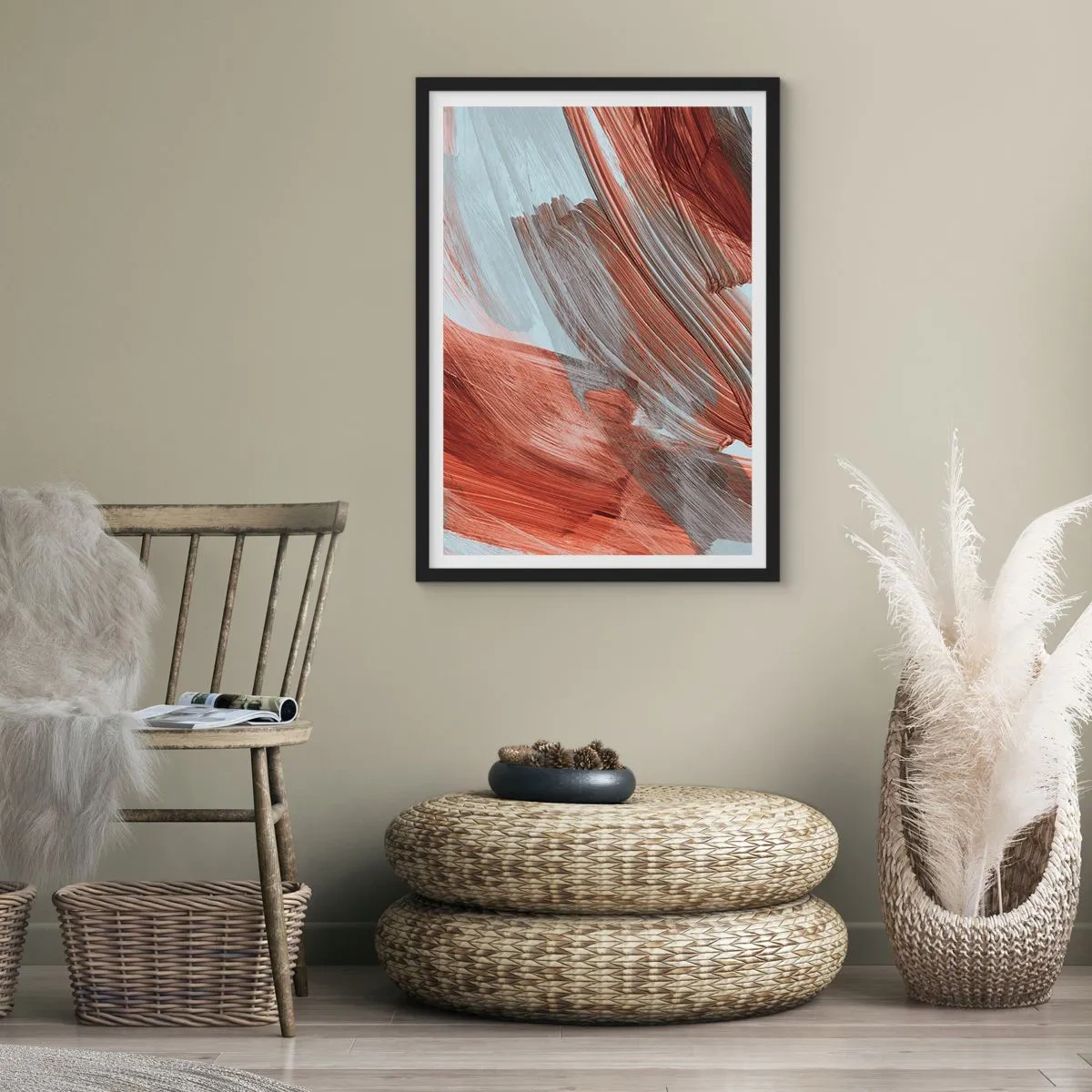 Poster in black frame - Dynamic brushstrokes in warm tones - 50x70cm - Autumnal and Windy Abstract - Modern wall decoration for the living room and bedroom ARTTOR
