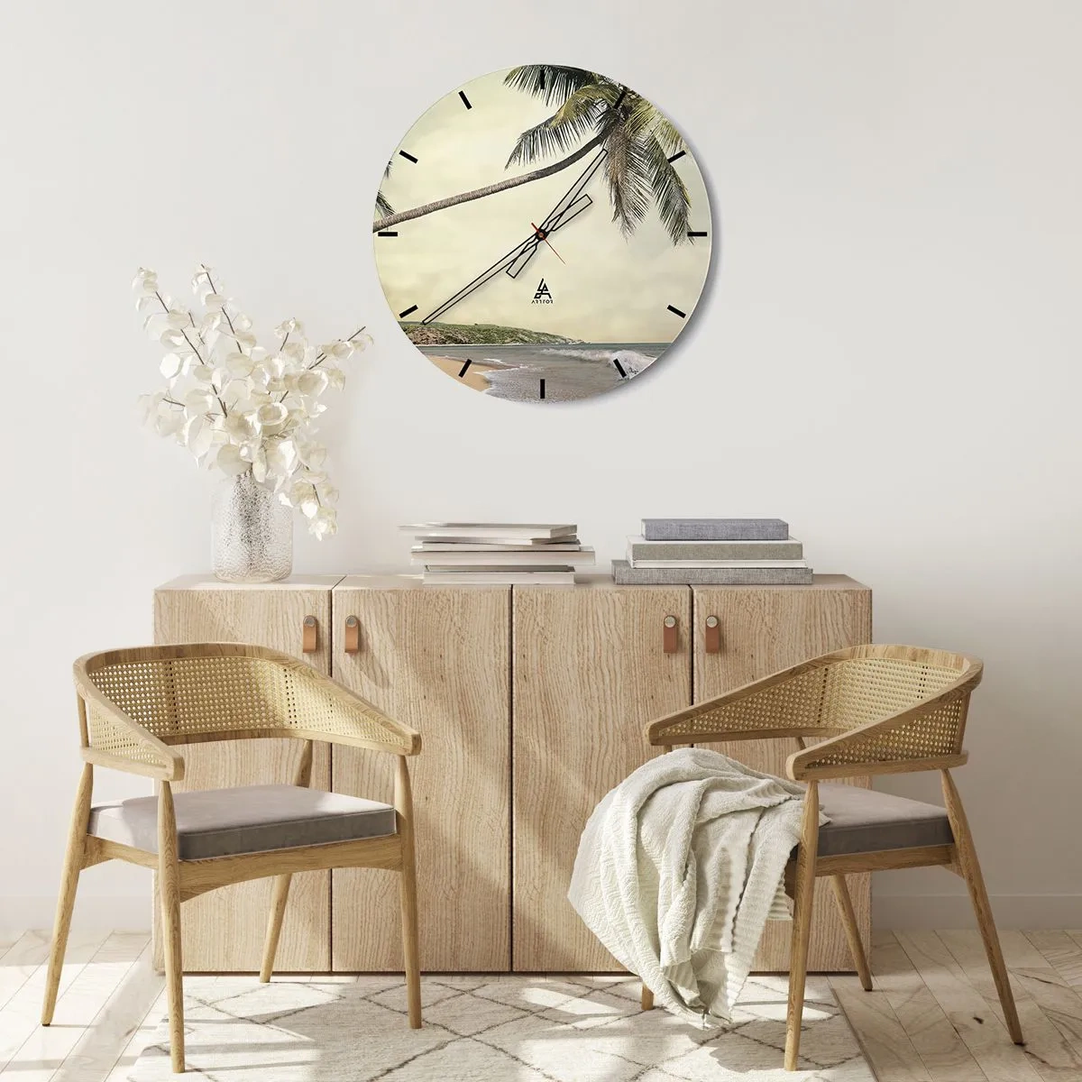 Wall clock - Clock on glass - Palm trees against the backdrop of a tropical beach - 30x30cm - Tropical Dream - Modern wall decoration for the living room, kitchen, and bedroom ARTTOR