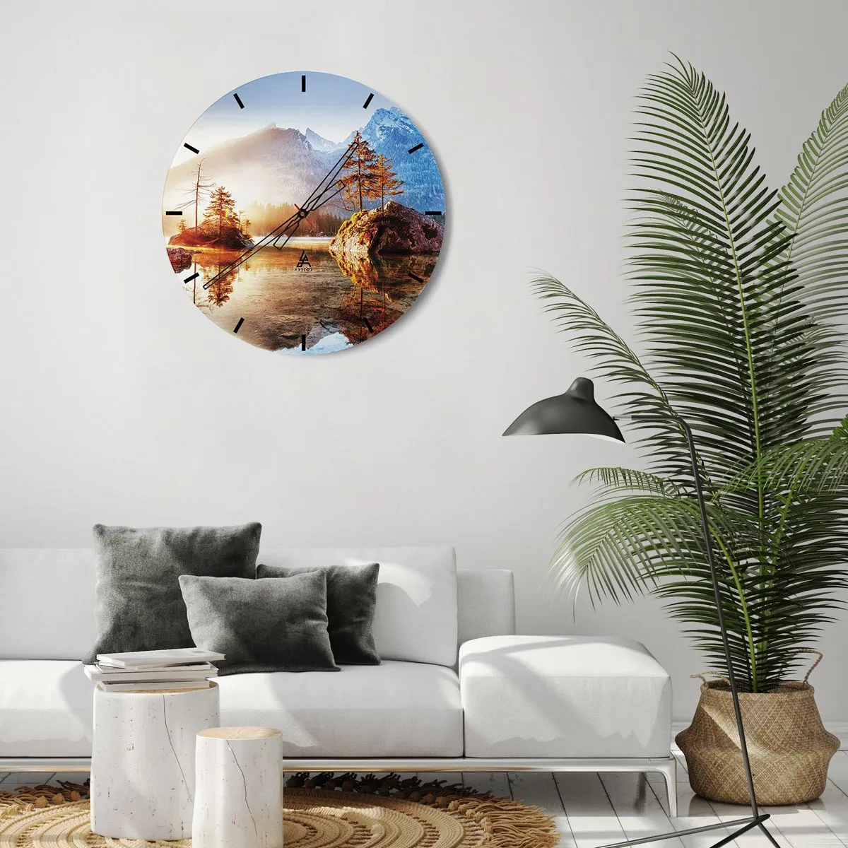 Wall clock - Clock on glass - A mountain lake with islands and trees in the sun's rays - 30x30cm - Nature in New Light - Modern wall decoration for the living room, kitchen, and bedroom ARTTOR