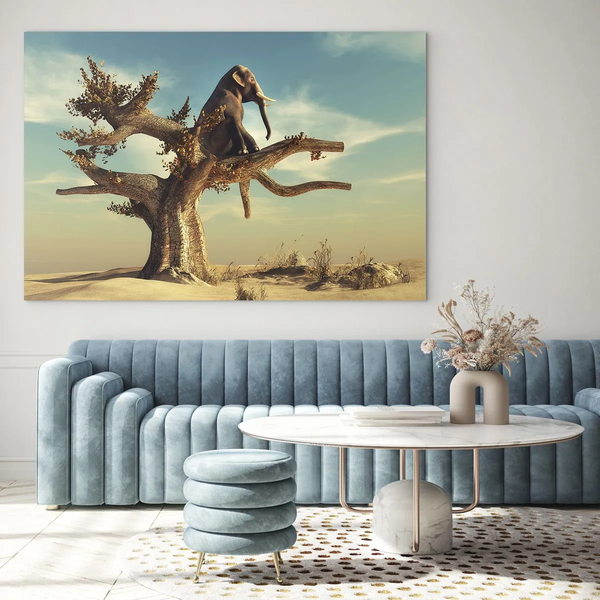 Glass picture - An elephant sitting on a tree against a desert background - 70x50cm - New Point of View - Modern wall decoration for the living room and bedroom ARTTOR