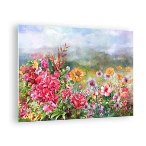Glass picture - A bouquet of colorful flowers against a picturesque landscape - 70x50cm - Garden which Went Crazy - Modern wall decoration for the living room and bedroom ARTTOR