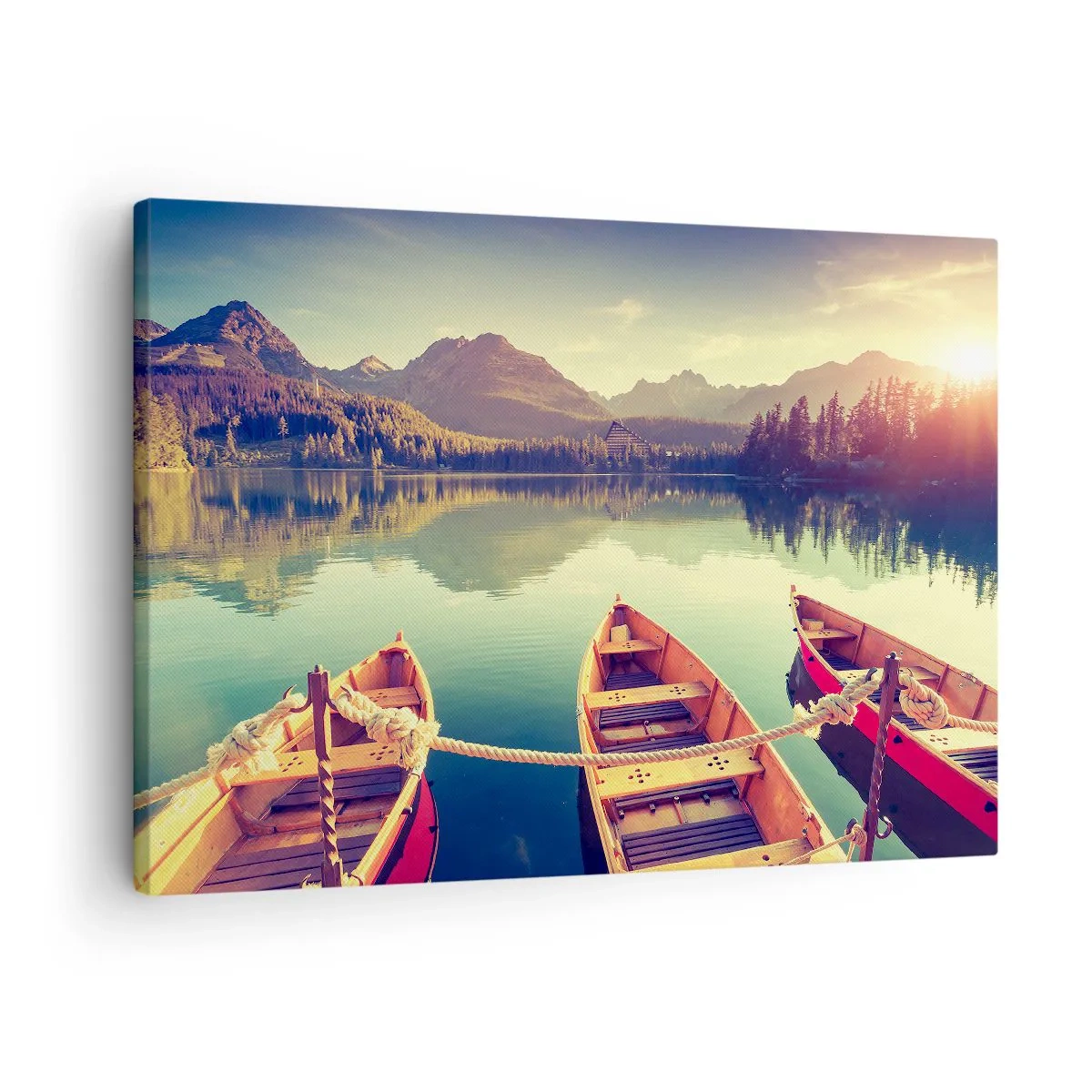 Canvas picture - Boats on a calm lake surrounded by mountains at sunset - 70x50cm - Following Her Rules - Modern wall decoration for the living room and bedroom ARTTOR