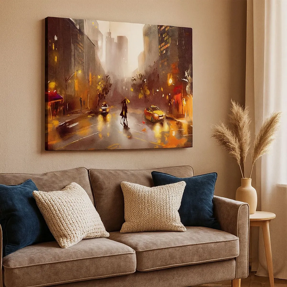 Canvas picture - An urban scene at night in the light of street lamps and reflections on a wet street. - 70x50cm - In New York Lights - Modern wall decoration for the living room and bedroom ARTTOR