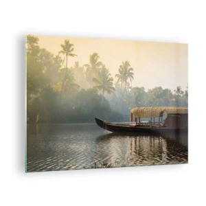 Glass picture - A boat on a calm river surrounded by palm trees in the morning - 70x50cm - House on the River - Modern wall decoration for the living room and bedroom ARTTOR