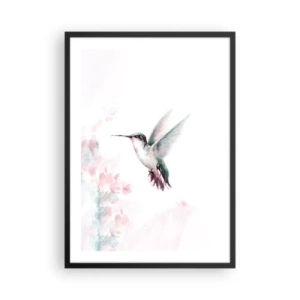 Poster in black frame - Hummingbird in flight with a delicate floral background - 50x70cm - Stopped in Flutter - Modern wall decoration for the living room and bedroom ARTTOR