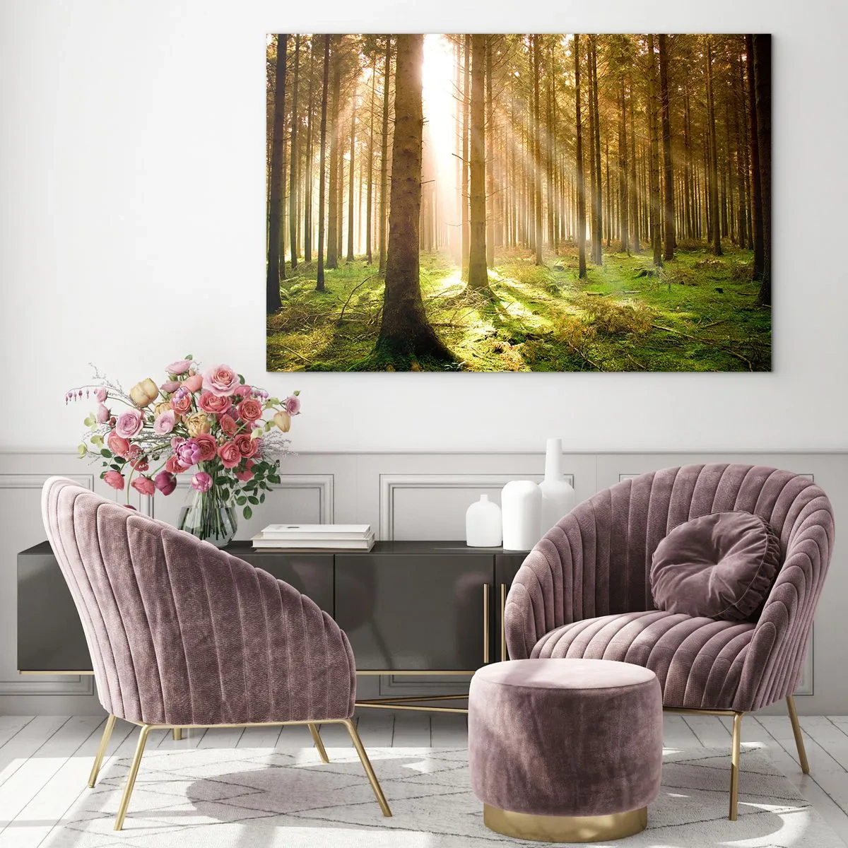 Glass picture - Sun rays penetrating through the trees in the forest - 70x50cm - Elfs Will Be Here Soon - Modern wall decoration for the living room and bedroom ARTTOR