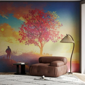 Self-Adhesive Photo Wallpaper Deluxe Sticker - Pilgrim at Its Goal - Landscape, Tree, Wanderer - 150x105 cm