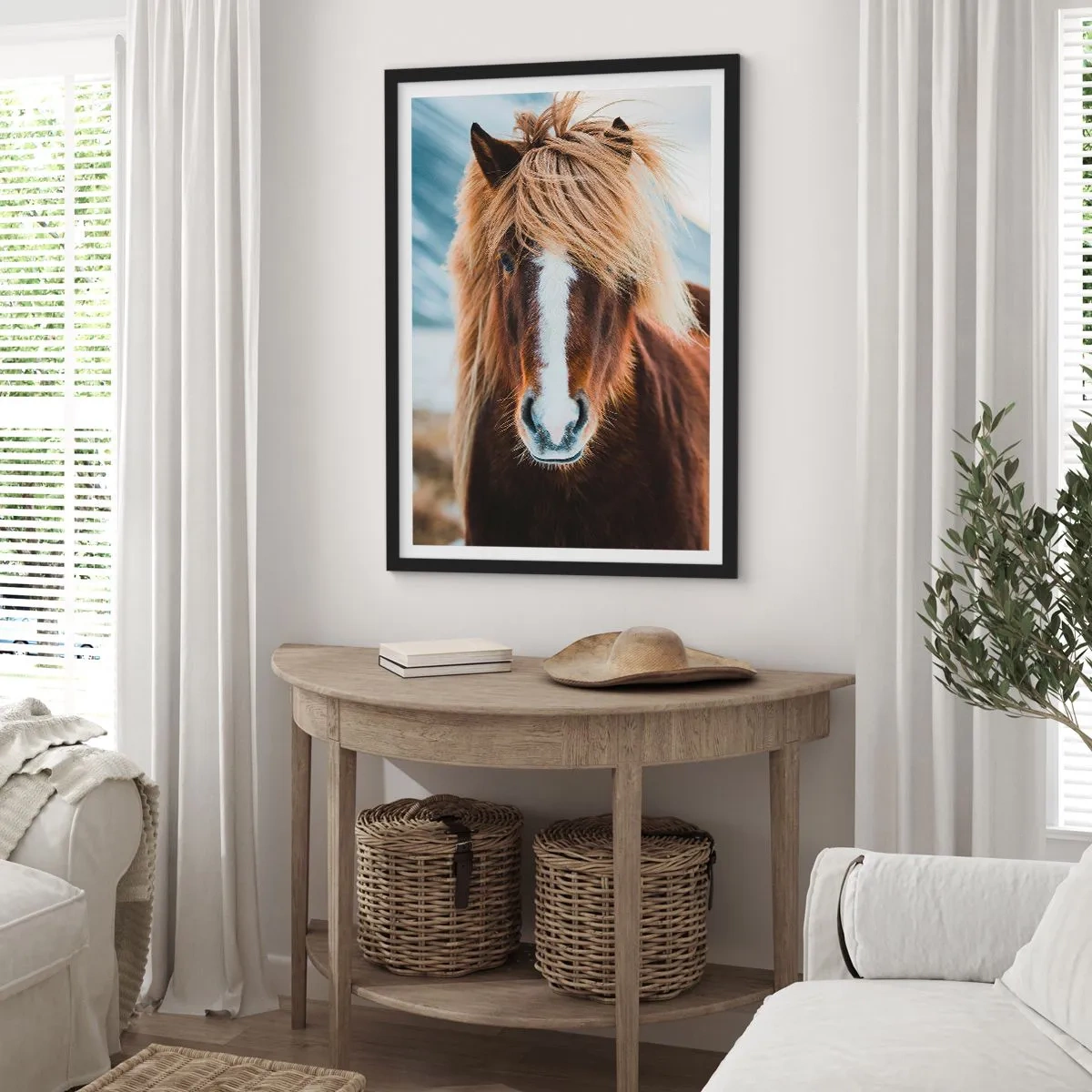 Poster in black frame - A close-up of an Icelandic horse with a flowing mane against a natural backdrop. - 50x70cm - Can You Feel the Freedom? - Modern wall decoration for the living room and bedroom ARTTOR
