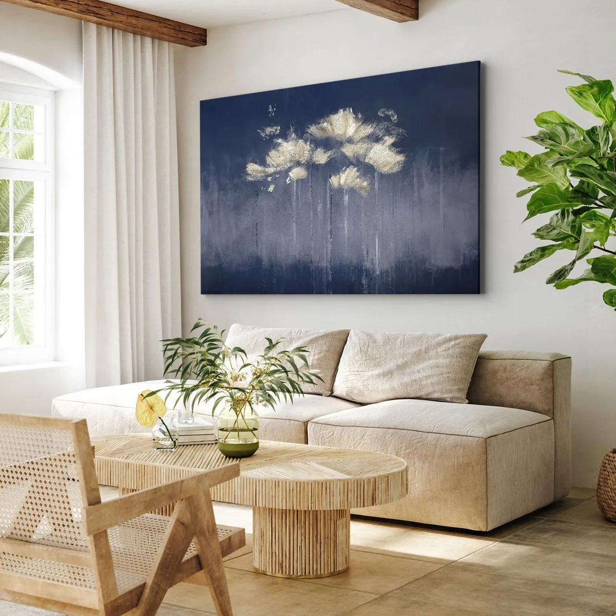 Canvas picture - Delicate flowers on a blue background - 70x50cm - Like Flakes in the Wind - Modern wall decoration for the living room and bedroom ARTTOR