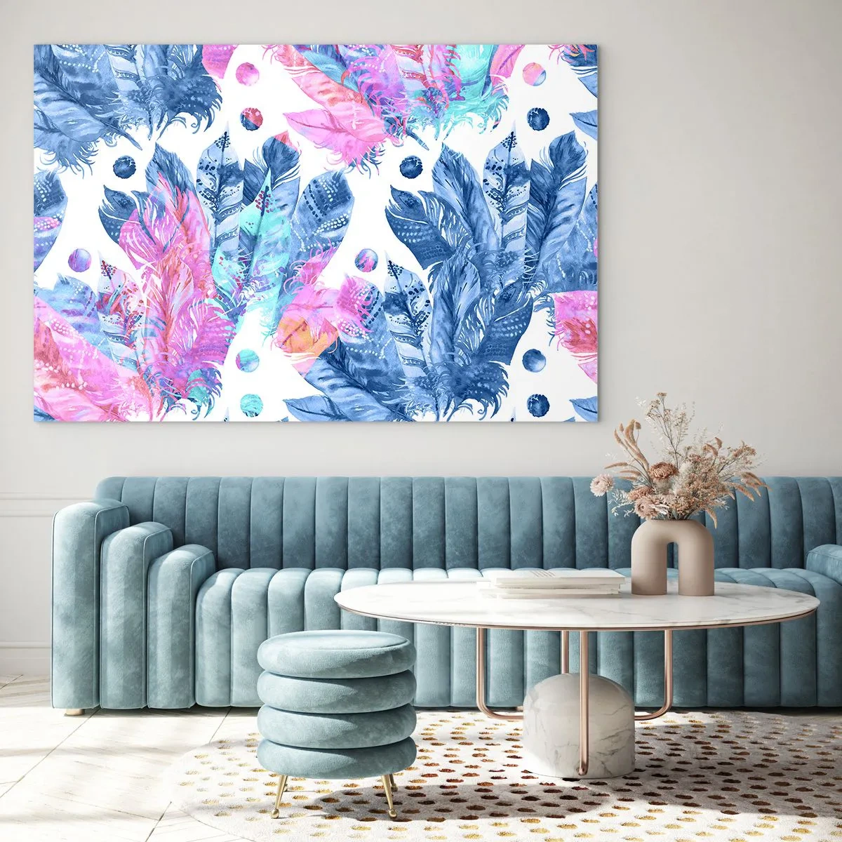 Glass picture - Pink and Blue Plumes - 100x70 cm