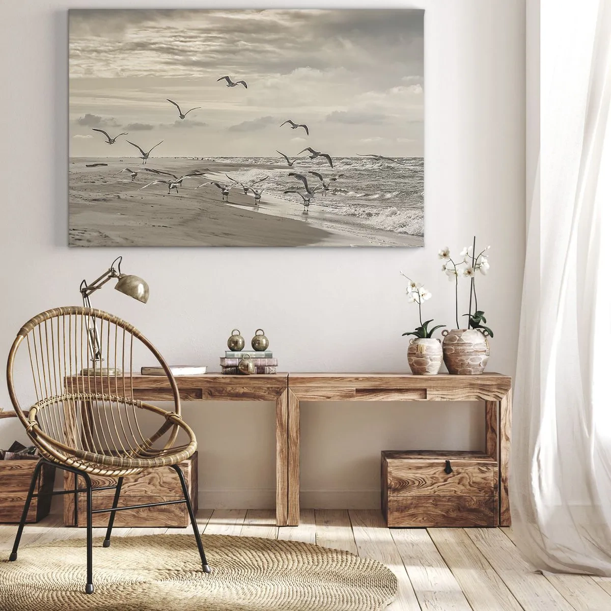 Canvas picture - A seagull in flight over a seaside landscape - 70x50cm - Sound of the Sea, Singing of the Birds - Modern wall decoration for the living room and bedroom ARTTOR