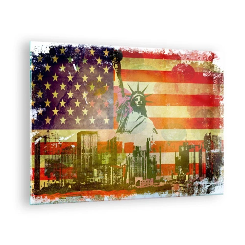 Glass picture - US flag with silhouette of the Statue of Liberty and cityscape - 70x50cm - Viva America! - Modern wall decoration for the living room and bedroom ARTTOR