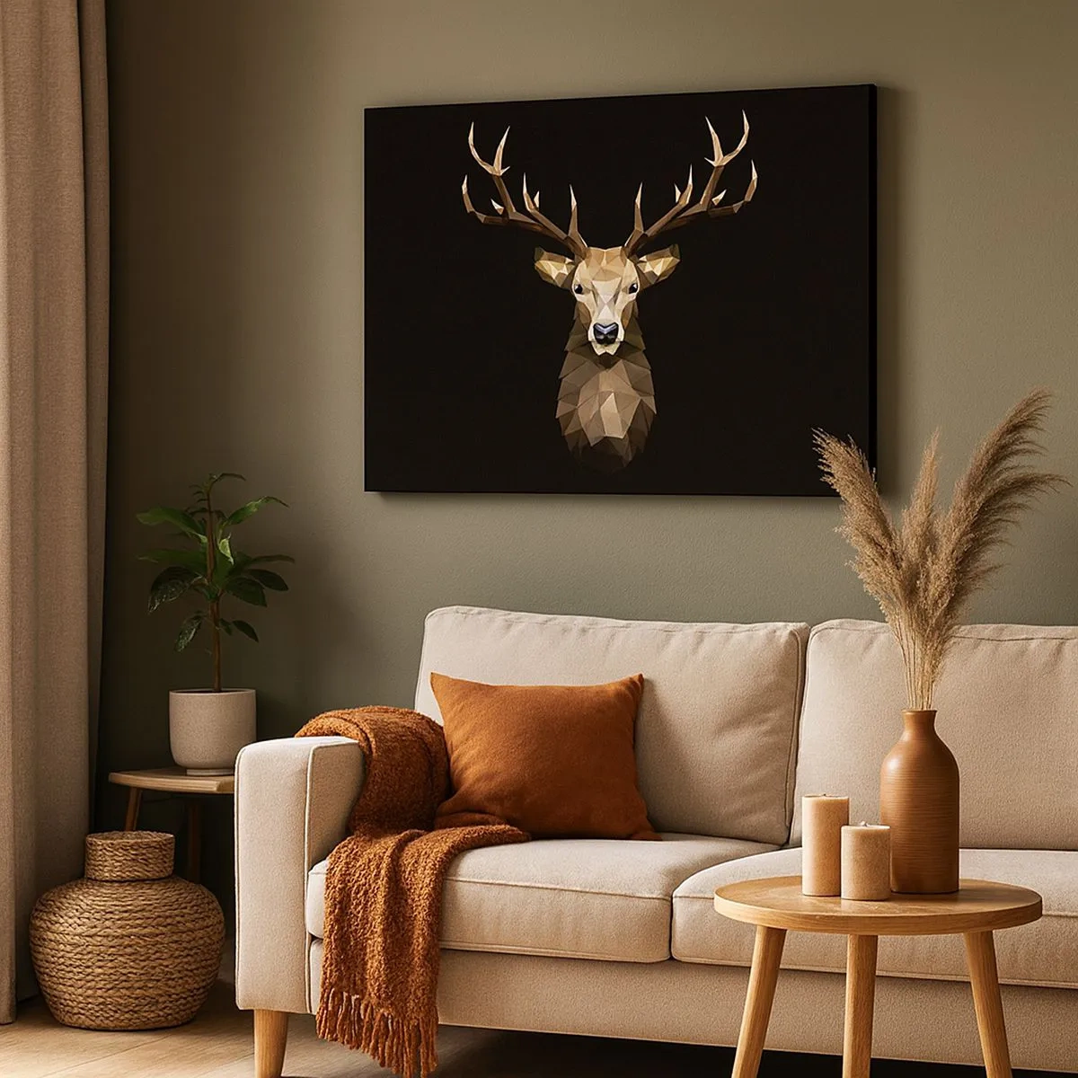 Canvas picture - Geometric polygon deer on a black background - 70x50cm - Cubist Deer - Modern wall decoration for the living room and bedroom ARTTOR