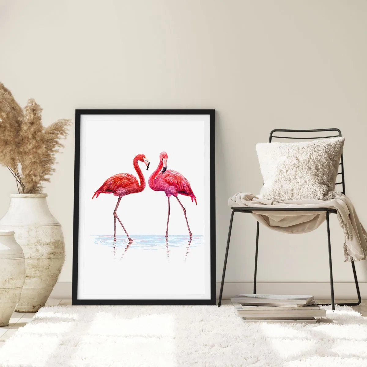 Poster in black frame - Two flamingos on a white background with reflection in the water - 50x70cm - Pink Rendezvous - Modern wall decoration for the living room and bedroom ARTTOR