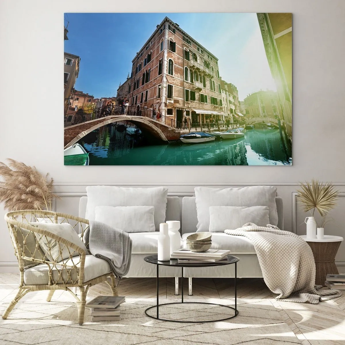 Glass picture - Venice with canal, bridge and historical buildings - 70x50cm - Venice - Amore Mio - Modern wall decoration for the living room and bedroom ARTTOR