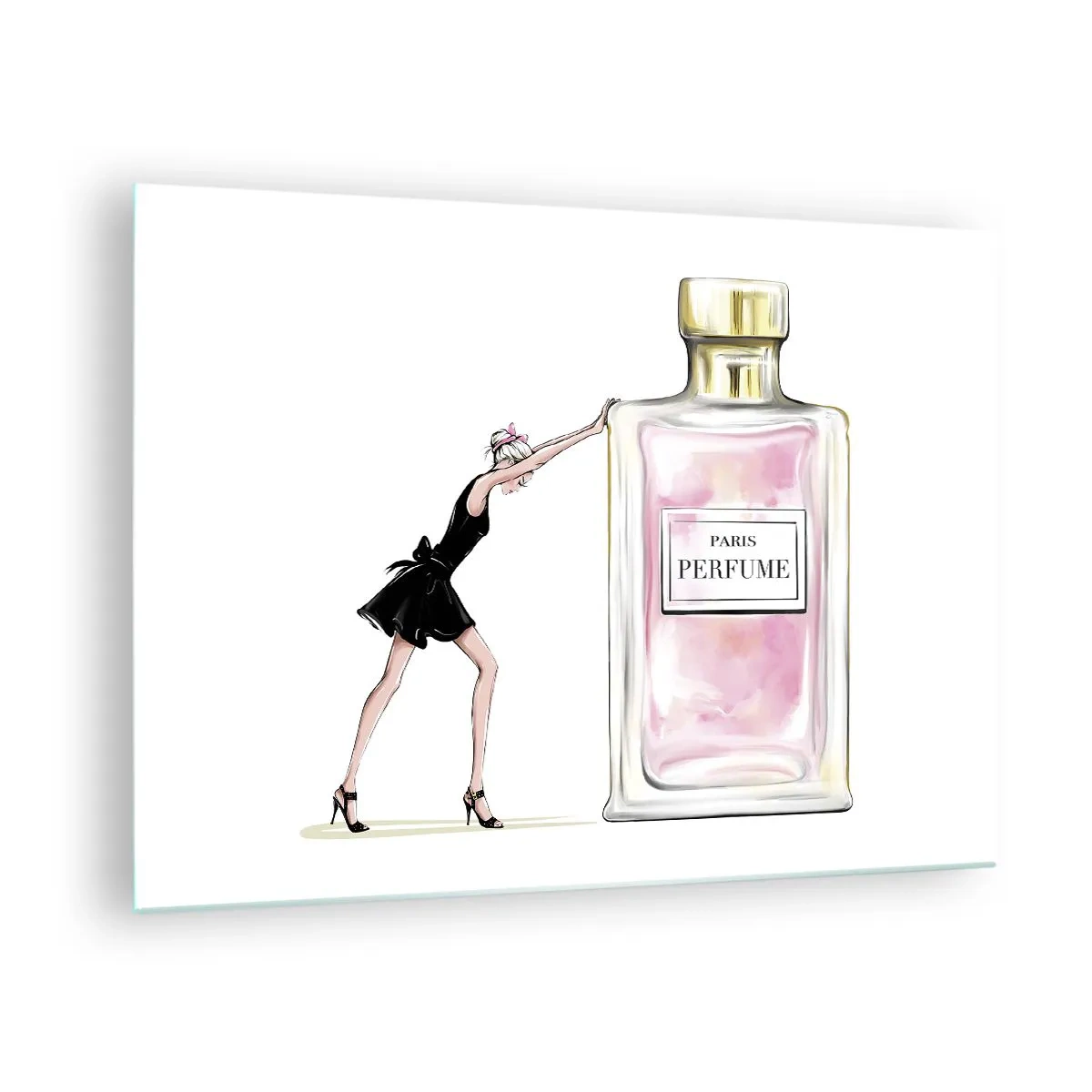 Glass picture - A woman in a black dress next to a large bottle of perfume - 70x50cm - The Essence of Womanhood - Modern wall decoration for the living room and bedroom ARTTOR
