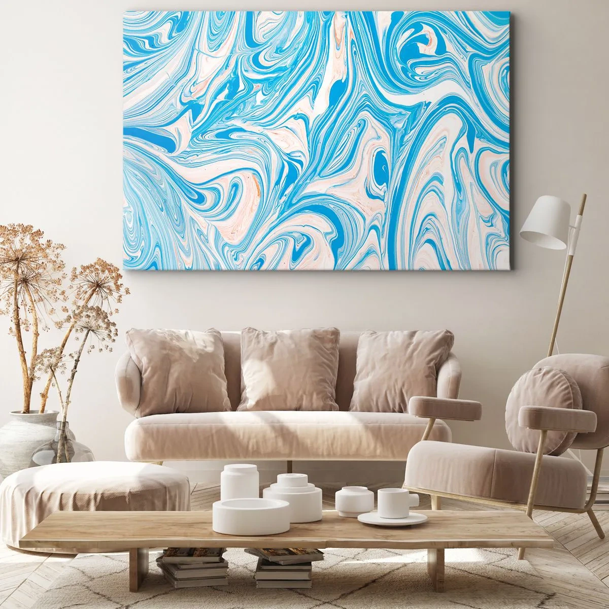Canvas picture - Abstract blue and white marble style swirls - 70x50cm - Floodplain in Turquoise - Modern wall decoration for the living room and bedroom ARTTOR