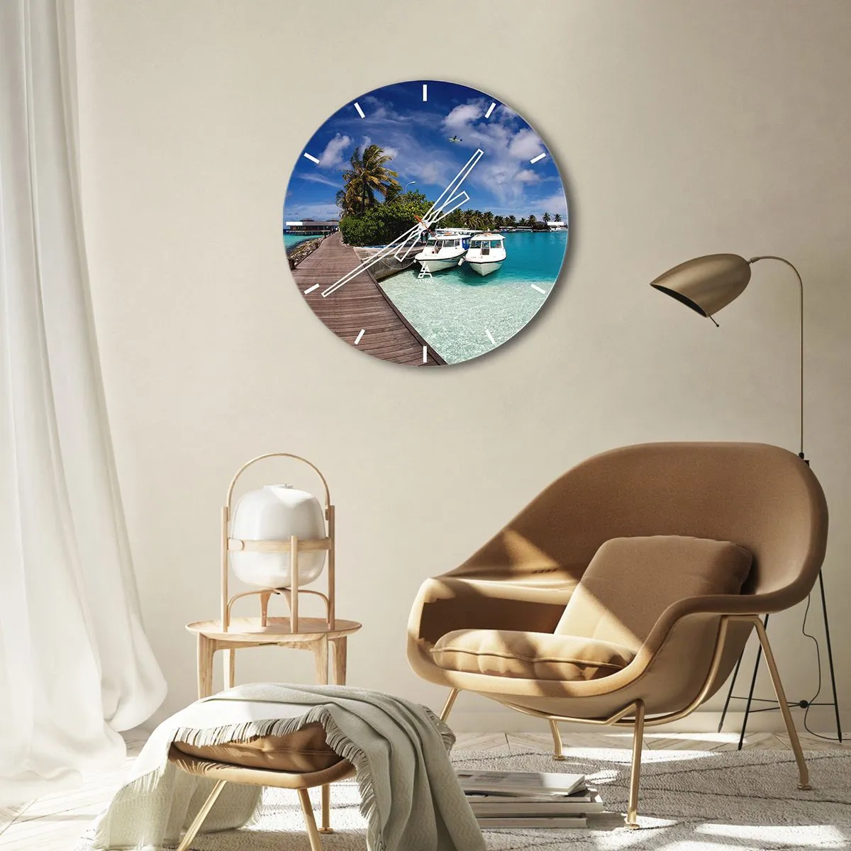 Wall clock - Clock on glass - Exotic view of the pier with boats and turquoise water - 30x30cm - So Paradise Exists - Modern wall decoration for the living room, kitchen, and bedroom ARTTOR