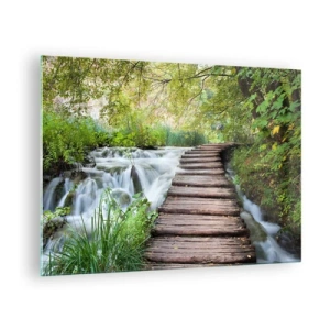 Glass picture - A bridge in the forest over a stream - 70x50cm - Not Such Quiet Water - Modern wall decoration for the living room and bedroom ARTTOR