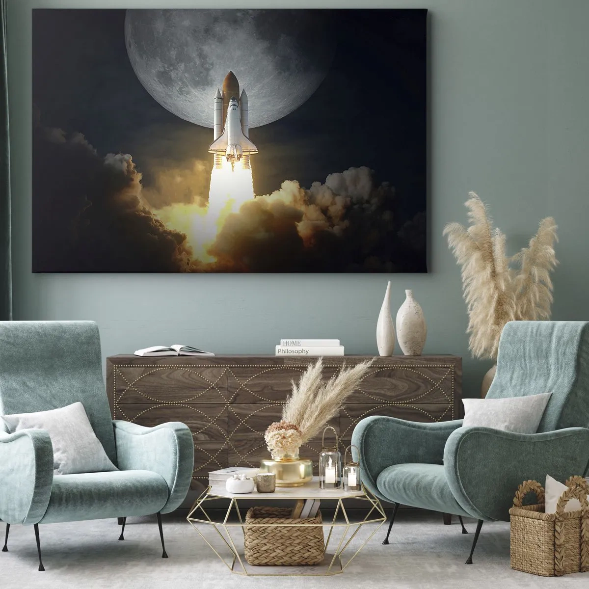 Canvas picture - A rocket taking off against the backdrop of a full moon surrounded by dynamic clouds. - 70x50cm - Beginning of Unearthly Adventure - Modern wall decoration for the living room and bedroom ARTTOR