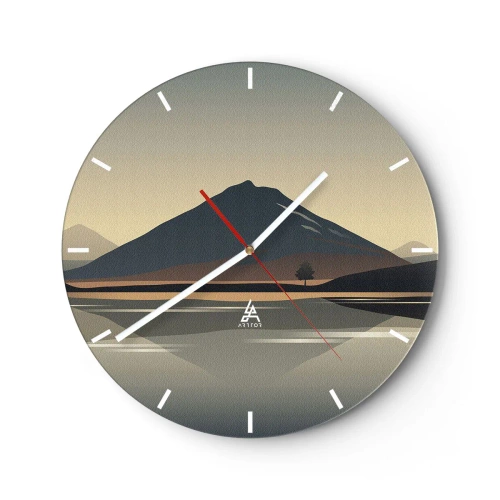 Wall clock - Clock on glass - A mountain above a lake in pastel light with reflection in the water - 30x30cm - Mirror Image - Modern wall decoration for the living room, kitchen, and bedroom ARTTOR