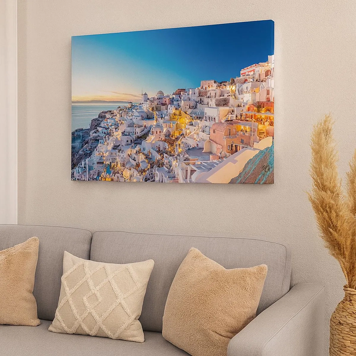 Canvas picture - View of a Greek town at sunset - 70x50cm - Essence of Greekness - Modern wall decoration for the living room and bedroom ARTTOR