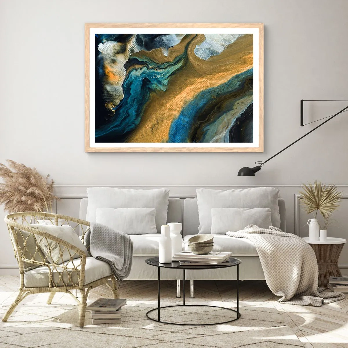 Poster in light oak frame - Blue -Yellow - Mutal Influences - 50x40 cm