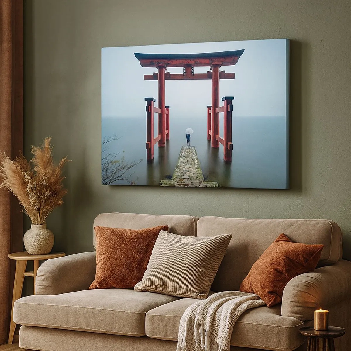 Canvas picture - A torii gate overlooking a tranquil lake in Japan - 70x50cm - Japanese Musings - Modern wall decoration for the living room and bedroom ARTTOR