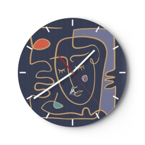 Wall clock - Clock on glass - A minimalistic line art face on a navy blue background. - 30x30cm - Deeply In Thoughts - Modern wall decoration for the living room, kitchen, and bedroom ARTTOR