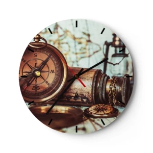 Wall clock - Clock on glass - Vintage compass and telescope - 30x30cm - Pirate Adventure in the Caribbean - Modern wall decoration for the living room, kitchen, and bedroom ARTTOR