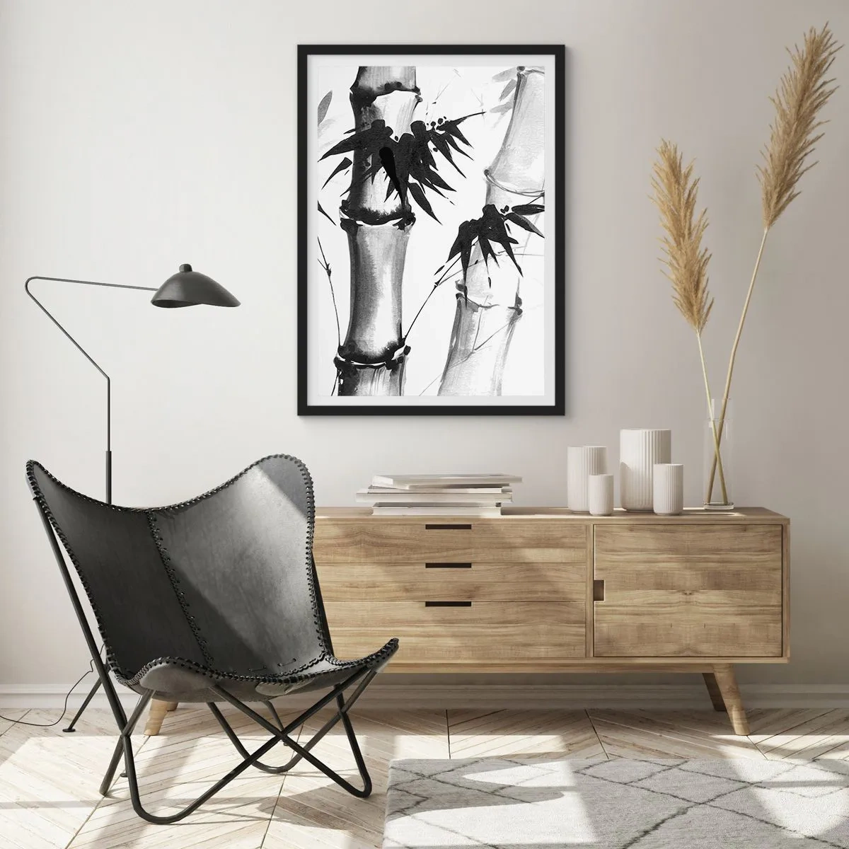 Poster in black frame - Bamboo stems and leaves in a black and white style - 50x70cm - Close-up to the Orient - Modern wall decoration for the living room and bedroom ARTTOR