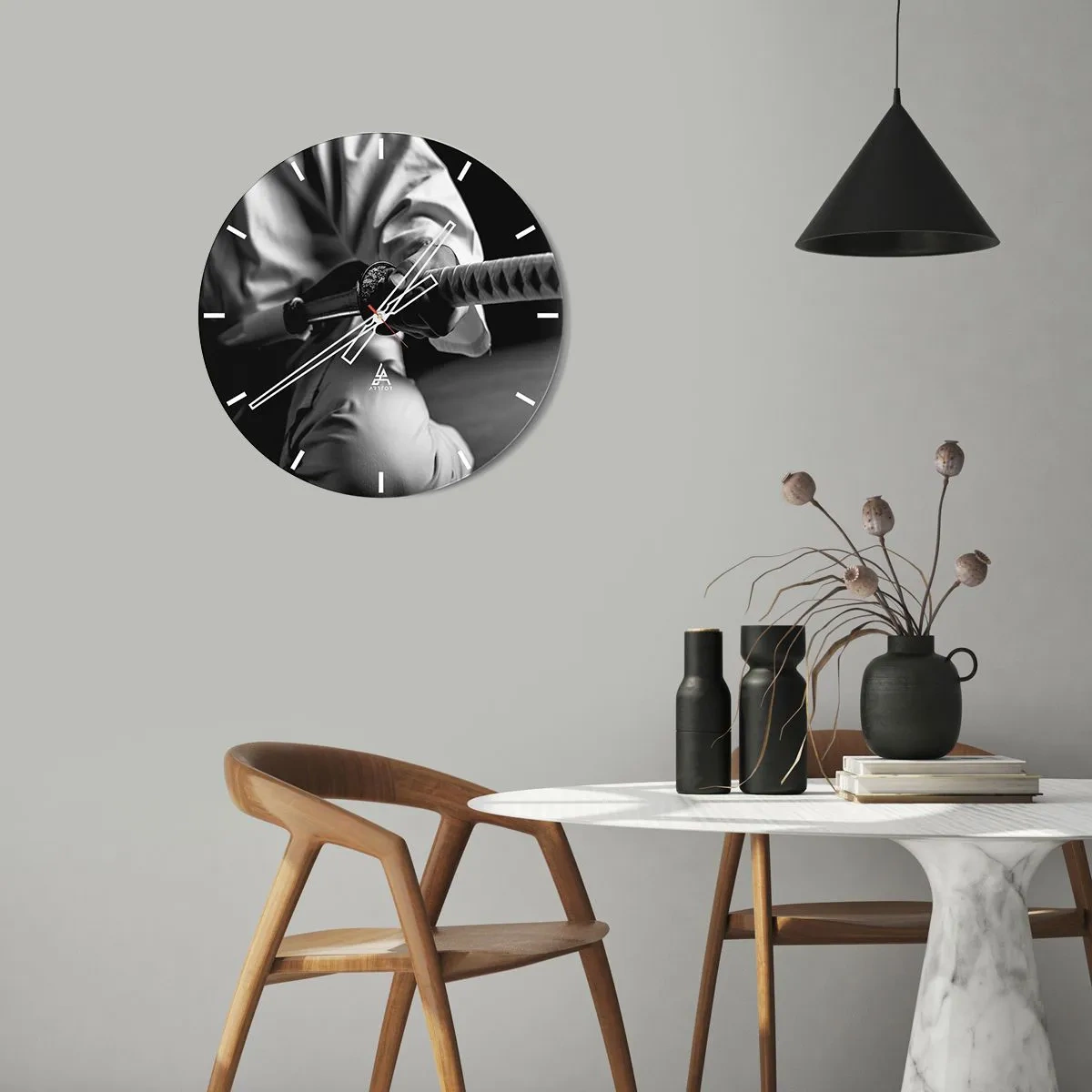 Wall clock - Clock on glass - A hand with a samurai sword in black and white - 30x30cm - Warrior's Soul - Modern wall decoration for the living room, kitchen, and bedroom ARTTOR
