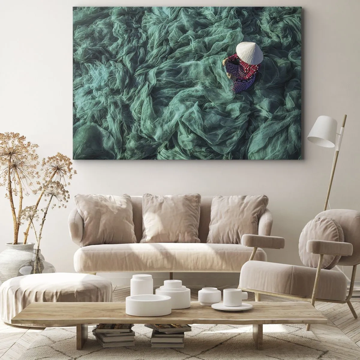 Canvas picture - A person with a hat among green fishing nets - 70x50cm - In the Sea of Nets - Modern wall decoration for the living room and bedroom ARTTOR
