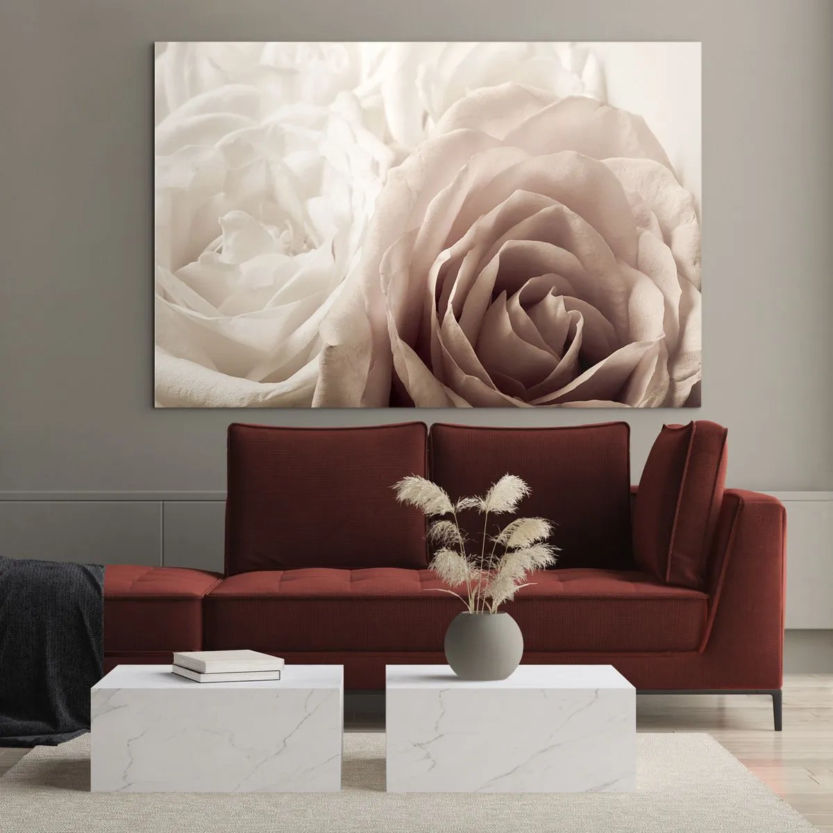 Glass picture - Delicate light roses in a romantic close-up - 70x50cm - In the Heart of a Rose - Modern wall decoration for the living room and bedroom ARTTOR