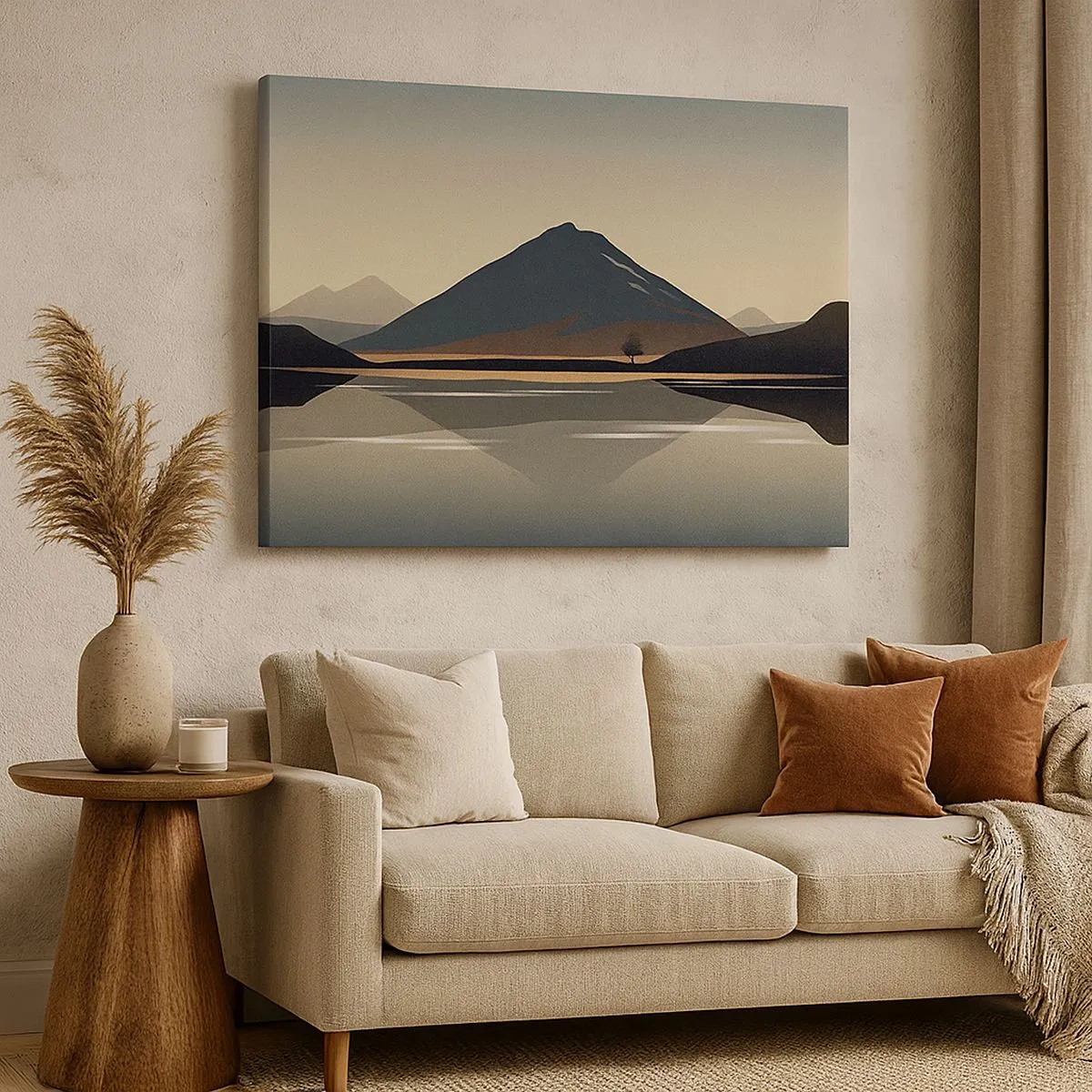 Canvas picture - Minimalist mountain landscape with reflection in the water - 70x50cm - Mirror Image - Modern wall decoration for the living room and bedroom ARTTOR