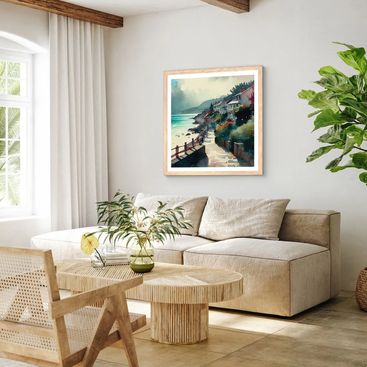 Poster in light oak frame - Mediterranean Town - 40x40 cm