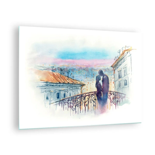 Glass picture - Couple on balcony enjoying romantic sunset - 70x50cm - Parisian Lovers - Modern wall decoration for the living room and bedroom ARTTOR