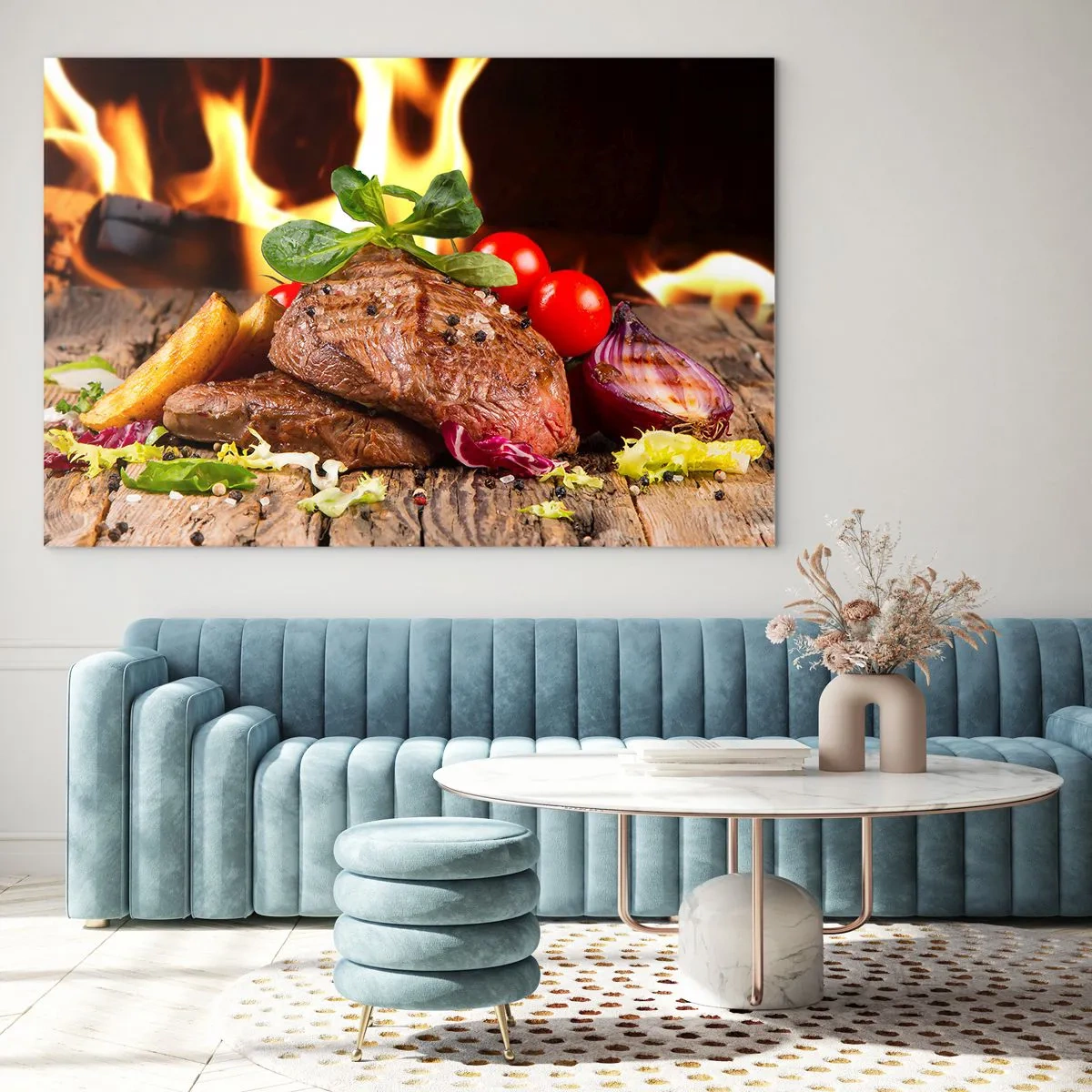 Glass picture - Grilled steak with vegetables against the backdrop of flames - 70x50cm - Smokey Barbecue - Modern wall decoration for the living room and bedroom ARTTOR