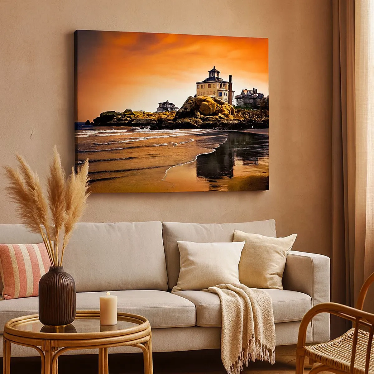 Canvas picture - A house on a rock by the beach at sunset with its reflection in the water - 70x50cm - Elegance of a West Coast - Modern wall decoration for the living room and bedroom ARTTOR