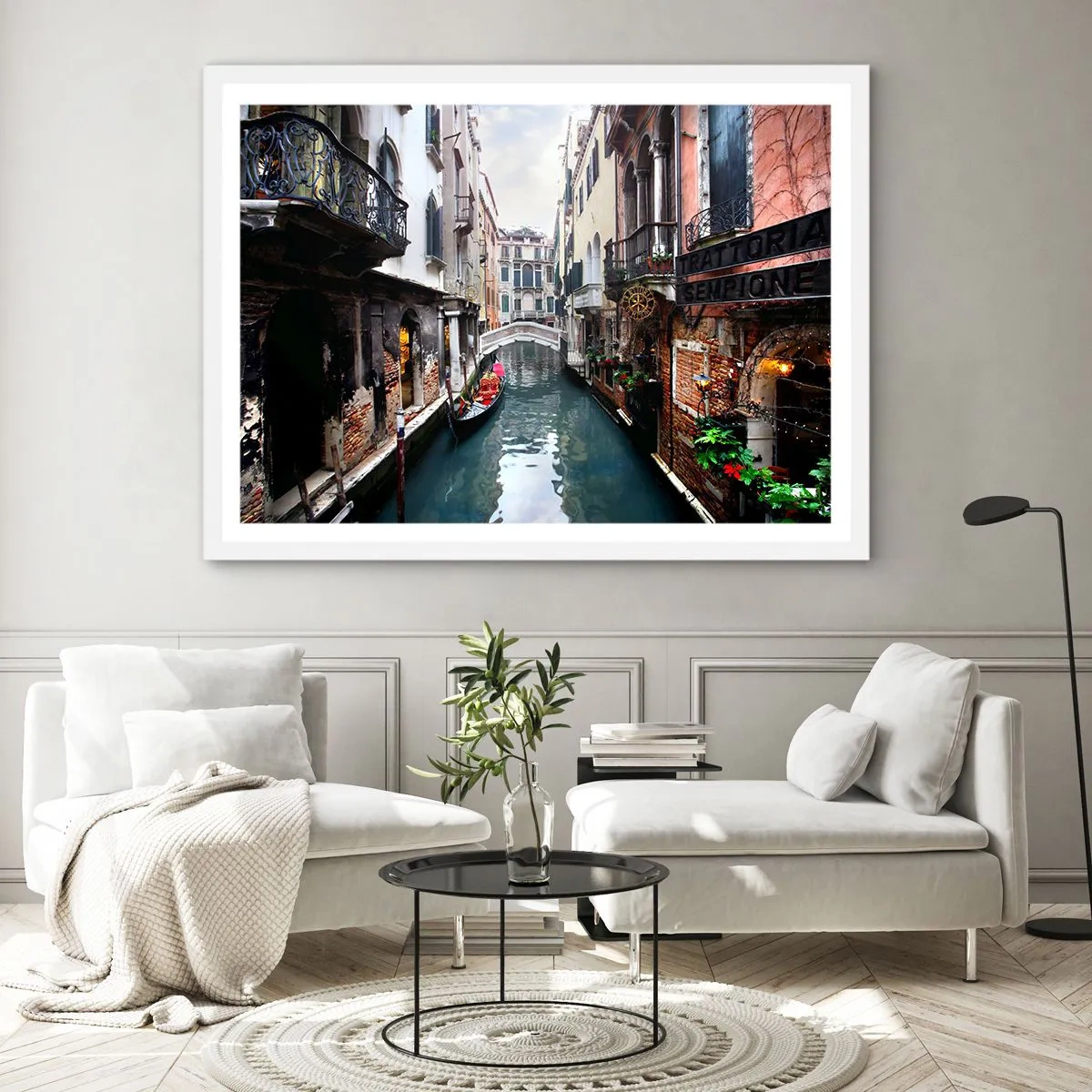 Poster in white frmae - Venetian View with a Gondola and a Bridge - 91x61 cm