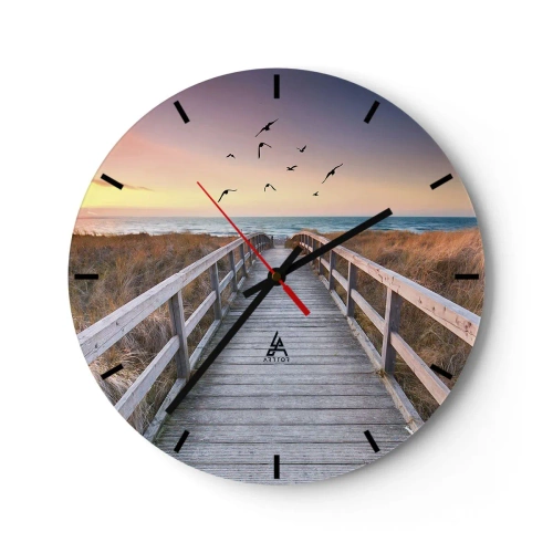 Wall clock - Clock on glass - Wooden footbridge leading to the beach at sunset - 30x30cm - Space of Highs - Modern wall decoration for the living room, kitchen, and bedroom ARTTOR