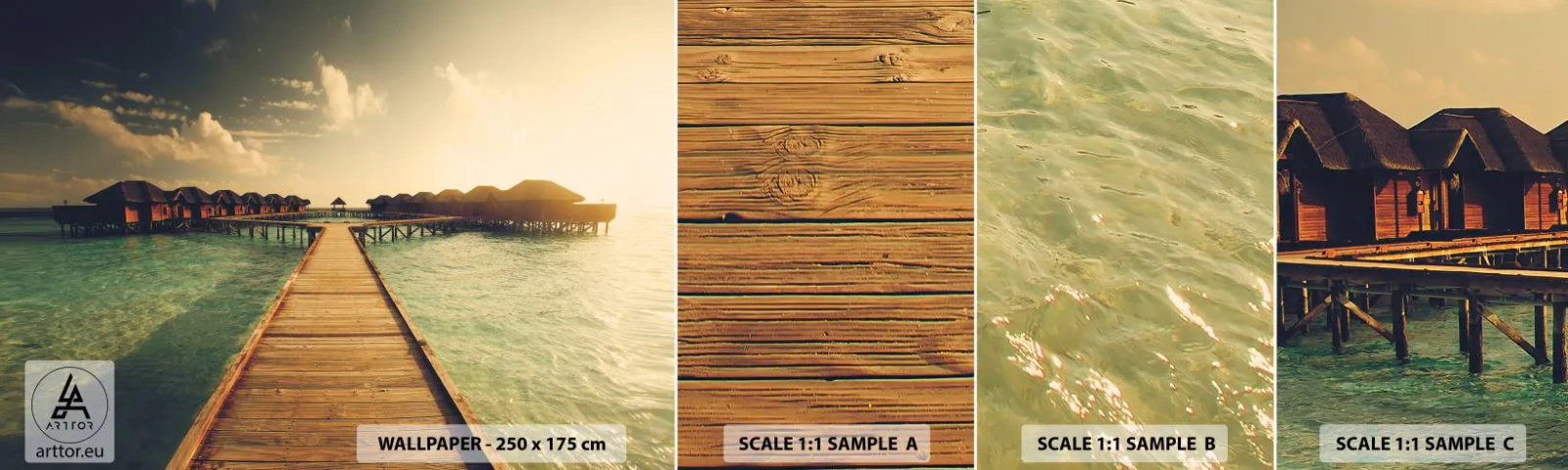 Photo Wallpaper Sample Standard Eco - Warm Welcome - Maldives, Landscape, Houses on the Water - 100x30 cm