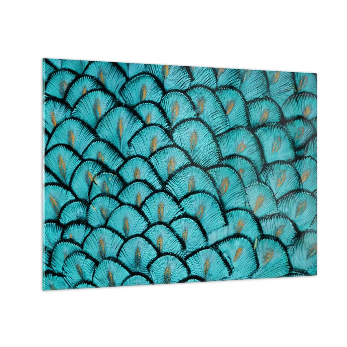 Glass picture - A close-up of turquoise peacock feathers forming a decorative pattern. - 70x50cm - Great Feather Gala - Modern wall decoration for the living room and bedroom ARTTOR
