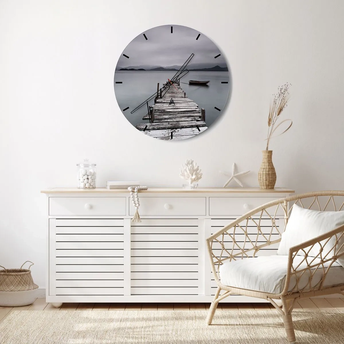 Wall clock - Clock on glass - A wooden jetty on a calm lake with a boat in the background - 30x30cm - Tomorrow You Can Go - Modern wall decoration for the living room, kitchen, and bedroom ARTTOR