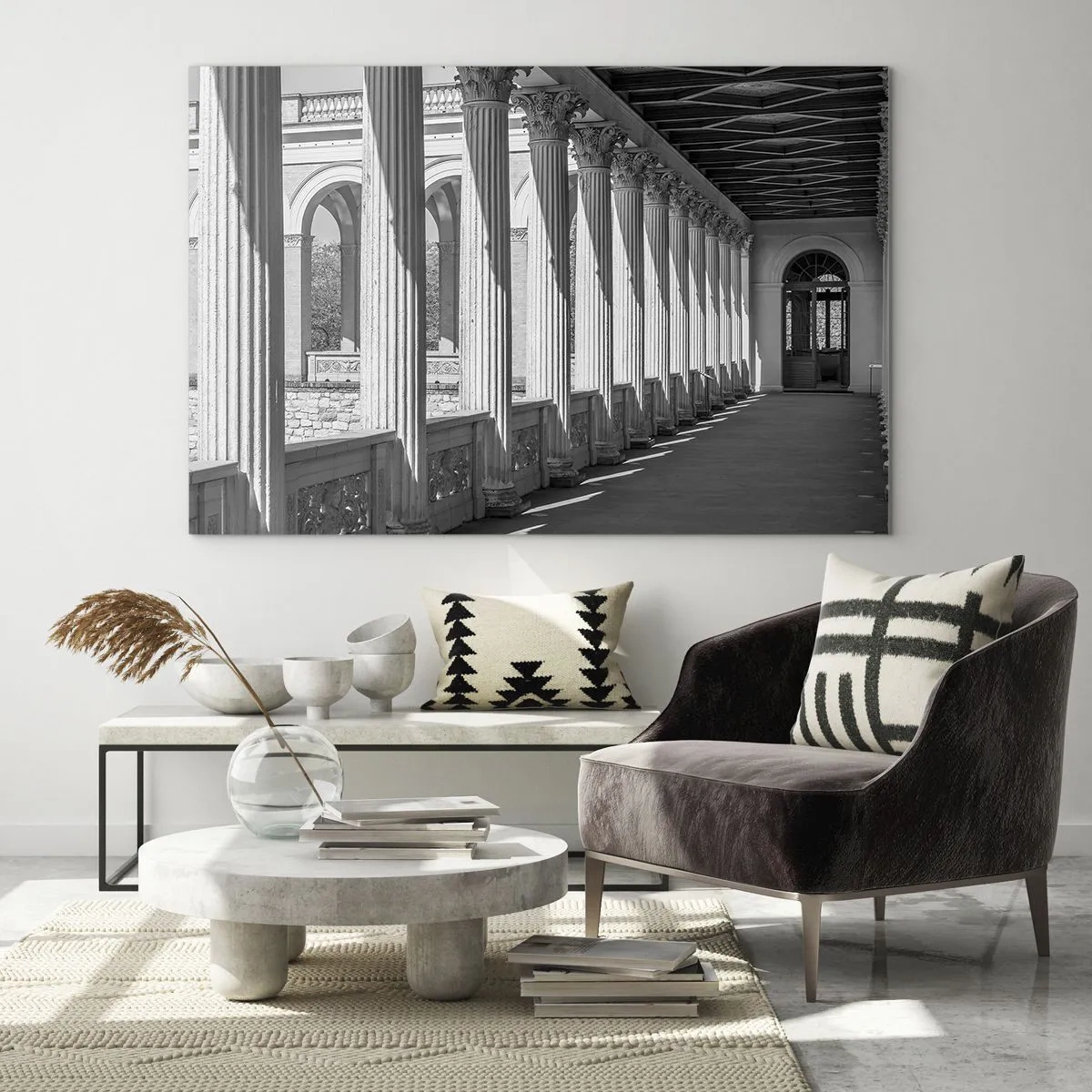 Glass picture - A black and white colonnade with a rhythmic play of light and shadow - 70x50cm - Sunny Arcade - Modern wall decoration for the living room and bedroom ARTTOR