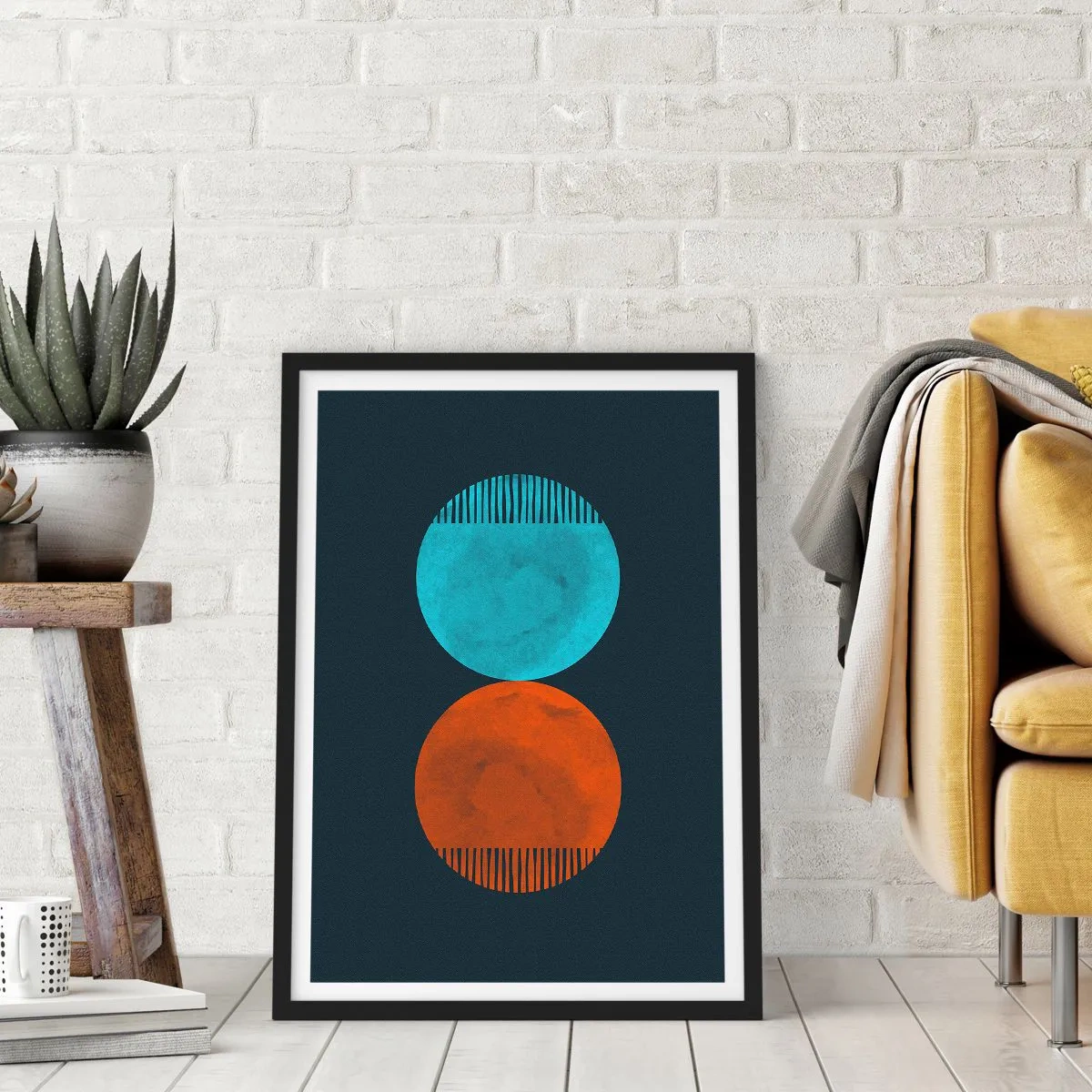 Poster in black frame - Two circles – blue and orange on a navy blue background - 50x70cm - Only Geometry? - Modern wall decoration for the living room and bedroom ARTTOR